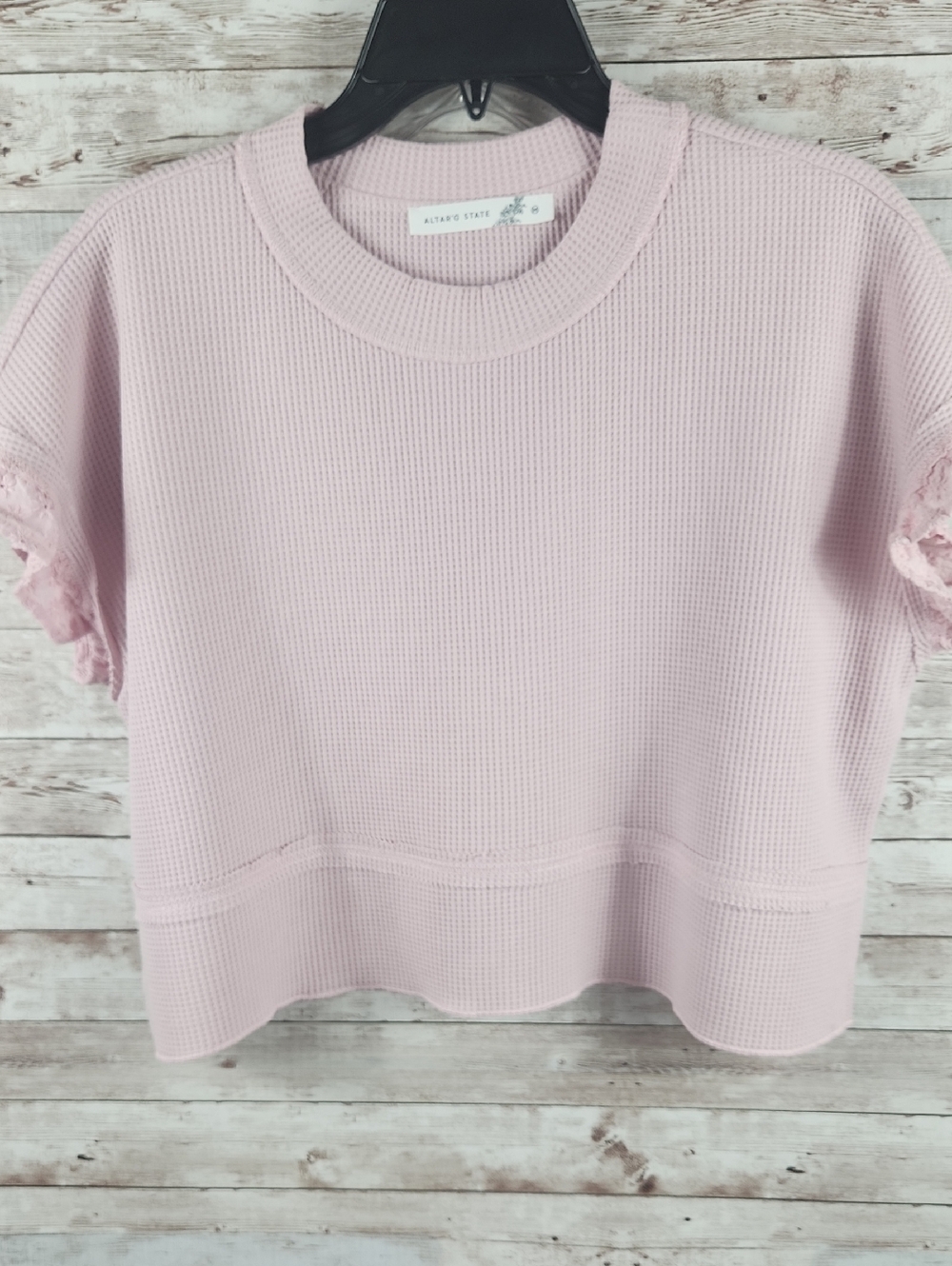 Waffle Knit Short Sleeve Top - Light Pink - Picture 2 of 7
